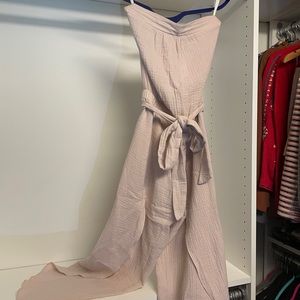 Strapless cotton jumpsuit with tie